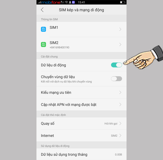 Bước 1: Vào Cài đặt > Sim kép & mạng di động > bật dữ liệu di động.