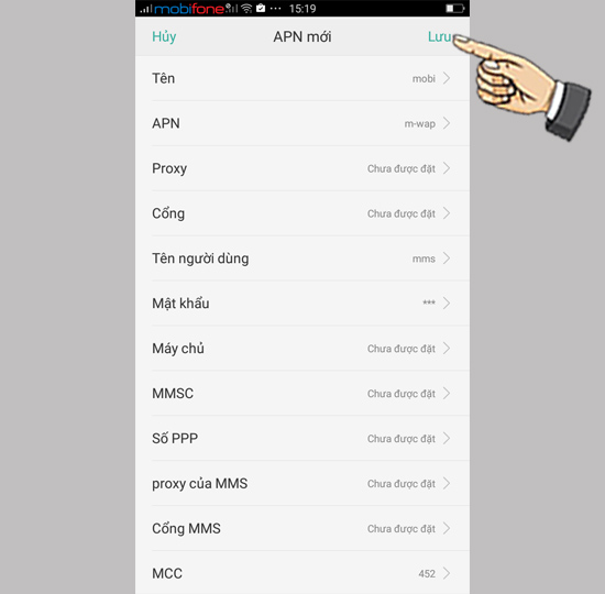Bước 7: Nhập APN rồi chọn Lưu