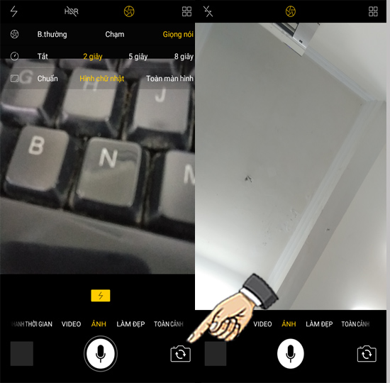 Bước 2: Chuyển chế độ camera trước và chọn biểu tượng vòng tròn.
