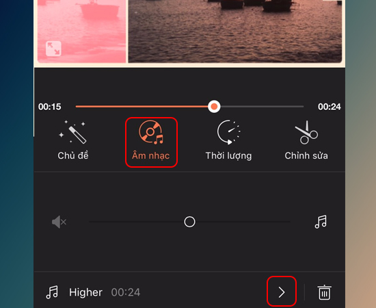 Bước 4: Bạn chọn vào Âm nhạc để thay đổi âm lượng, chọn biểu tượng mũi tên để thay đổi bài nhạc tùy thích.