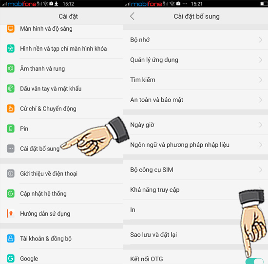 Bước 3: Vào Cài đặt > Cài đặt bổ sung > Bật kết nối OTG.