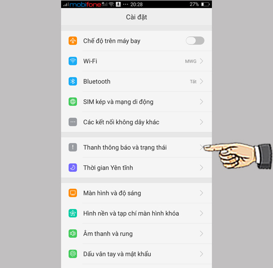chọn Thanh thông báo và trạng thái