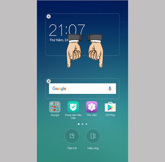 Từ ngoài màn hình bạn dùng hai ngón tay thu nhỏ màn hình lại.