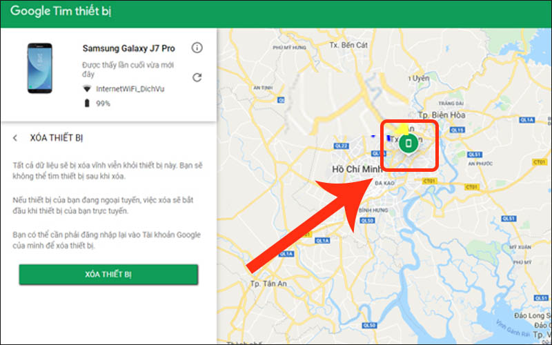 Vị trí của thiết bị bạn muốn định vị sẽ được hiển thị trên bản đồ