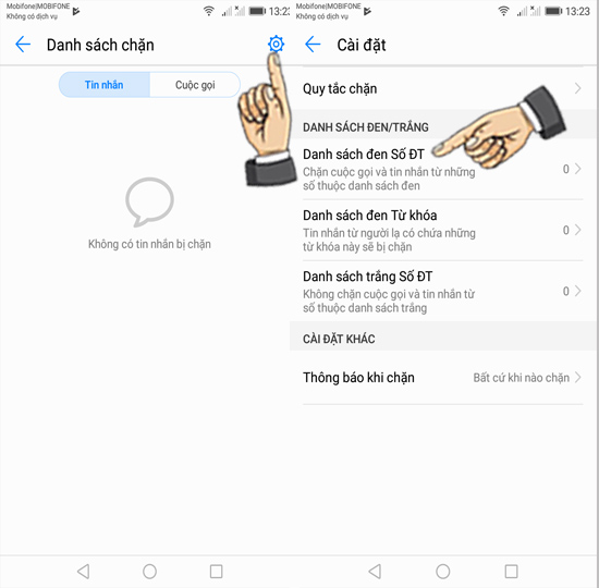 Bước 3: Chọn biểu tượng cài đặt và chọn Danh sách đen số ĐT