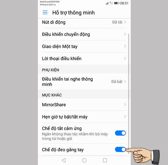 Bước 2: Bật Chế độ găng tay