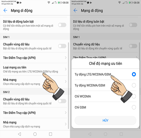 Bước 3: Chọn loại mạng ưu tiên LTE/WCDMA/GSM.