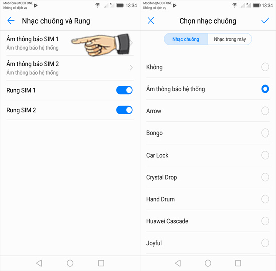 Bước 4: Cài đặt nhạc chuông từng sim.