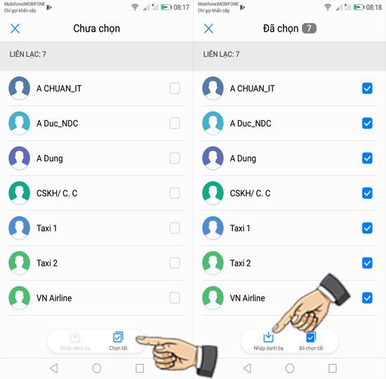 Chọn tất cả danh bạ để nhập.
