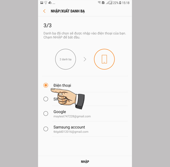 Chọn bộ nhớ điện thoại để lưu các danh bạ từ Sim 