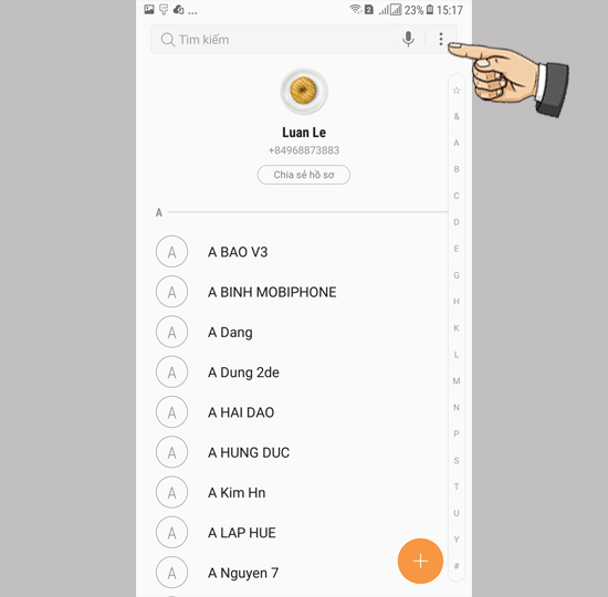 Vào danh bạ chọn dấu 3 chấm