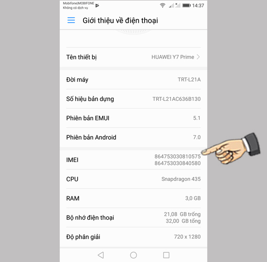 Bước 3: Kiểm tra IMEI máy.