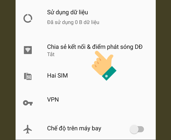 Bước 3: Tại đây, bạn chọn vào mục Chia sẻ kết nối & điểm phát sóng DĐ.