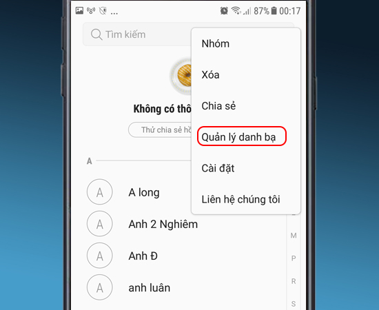Bước 2: Sau đó bạn chọn vào Quản lý danh bạ.