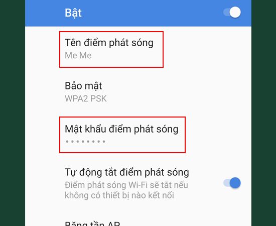 Bước 4: Ngoài ra, bạn cũng có thể thiết lập Tên và Mật khẩu điểm phát sóng của mình.