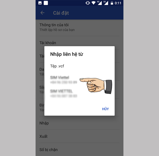 Chọn SIM cần nhập danh bạ