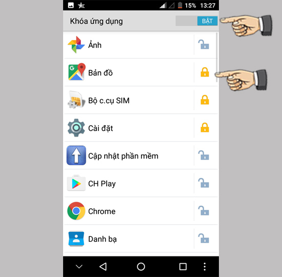 Bước 4: Bật và chọn ứng muốn khóa.