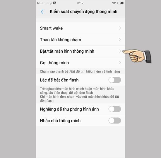 Bước 2: Chọn Bật/tắt màn hình thông minh