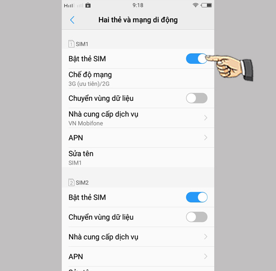 Bước 2: Bật/tắt sim.
