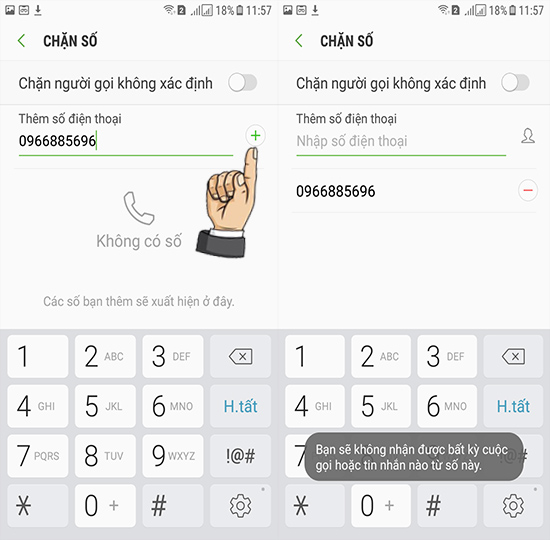 Bước 4: Chặn số từ: Cuộc gọi ẩn danh, nhập số, danh bạ.