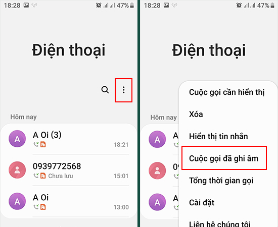 Bước 3: Trở về giao diện Điện thoại, chọn Cuộc gọi đã ghi âm.