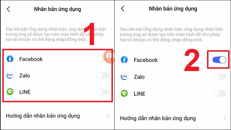 Trong danh sách ứng dụng bật kích hoạt cho ứng dụng muốn nhân bản