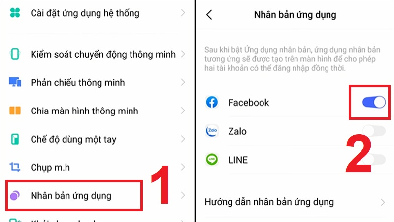 Trong mục Nhân bản ứng dụng bật kích hoạt ứng dụng muốn nhân bản