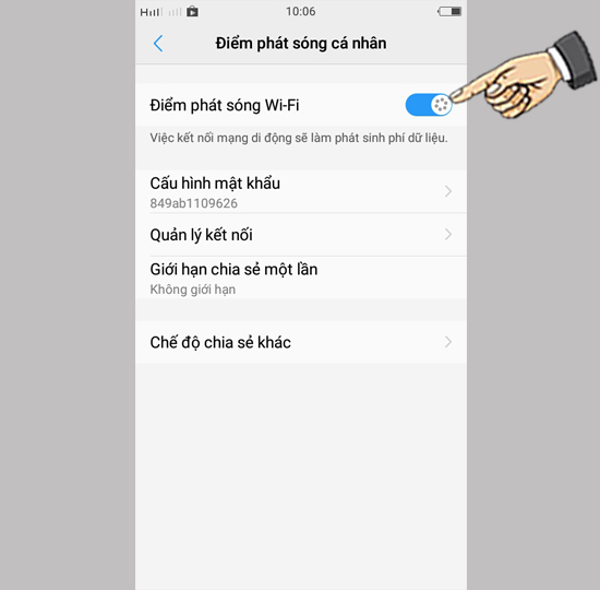 Bước 2: Bật Điểm ph&aacute;t s&oacute;ng wifi
