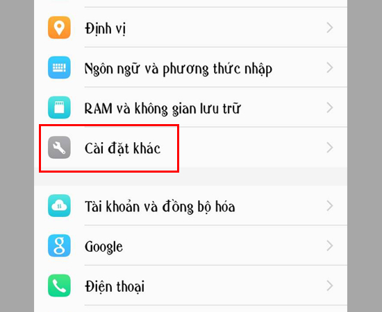 1. Chọn Cài đặt và chọn vào phần Cài đặt khác.