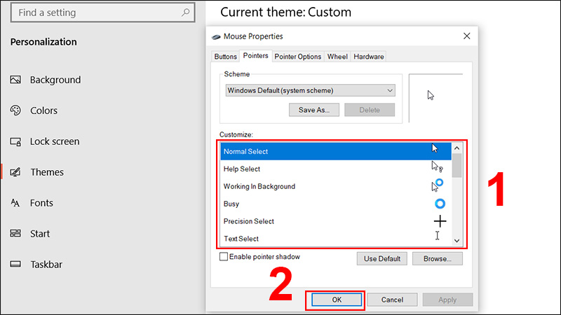 Chọn kích thước hoặc hình dạng con trỏ mới rồi nhấn OK.