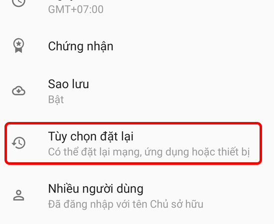 Bước 3: Tại đây bạn chọn tiếp vào mục Tùy chọn đặt lại.