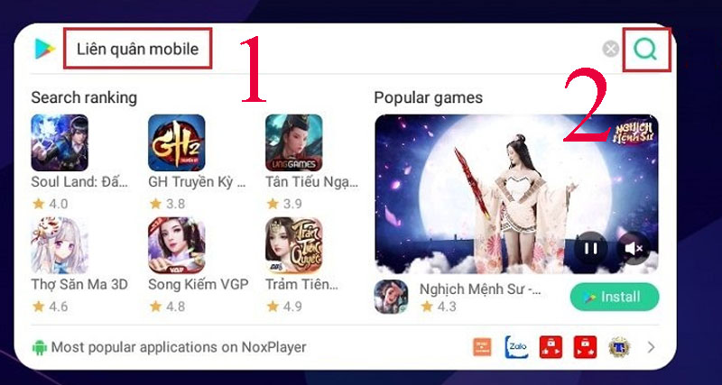 Bước 8: Gõ vào thanh tìm kiếm từ khóa “Liên quân Mobile” > Nhấn Enter hoặc chọn biểu tượng kính lúp để tìm kiếm