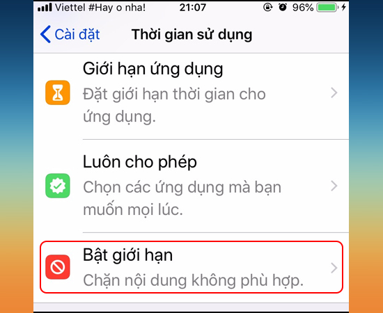 Chọn Bật giới hạn