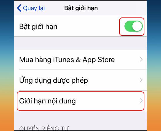 Mở Bật giới hạn -> Chọn Giới hạn nội dung