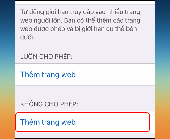 thêm trang web không cho phép