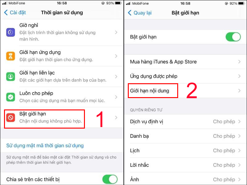 Bấm vào Bật giới hạn và chọn Giới hạn nội dung