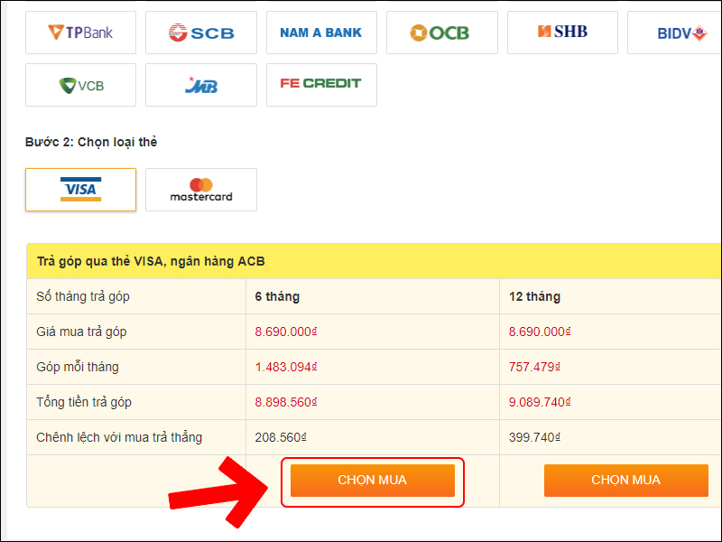 Chọn mua với số tháng trả góp thích hợp