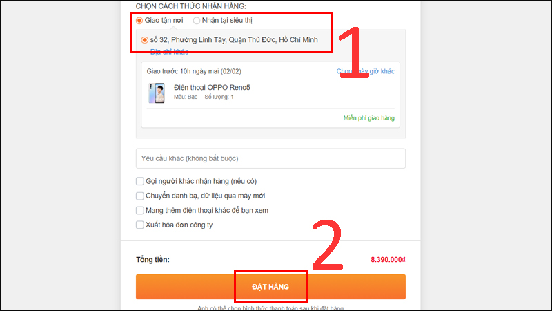 Nhập các thông tin để nhận hàng như số điện thoại, tên người mua, địa chỉ > Chọn ĐẶT HÀNG.