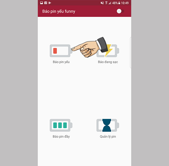 Chọn báo pin yếu, báo đang sạc hoặc báo pin đầy.