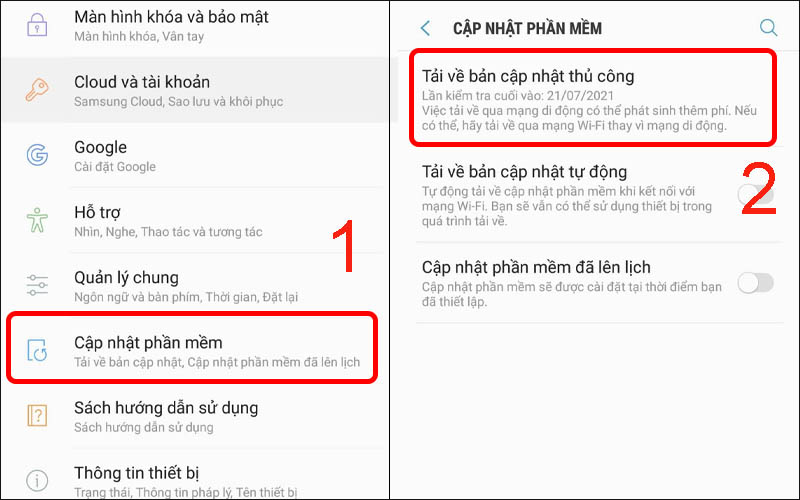  Chọn mục Cập nhật phần mềm rồi chọn mục Tải về bản cập nhật thủ c&ocirc;ng