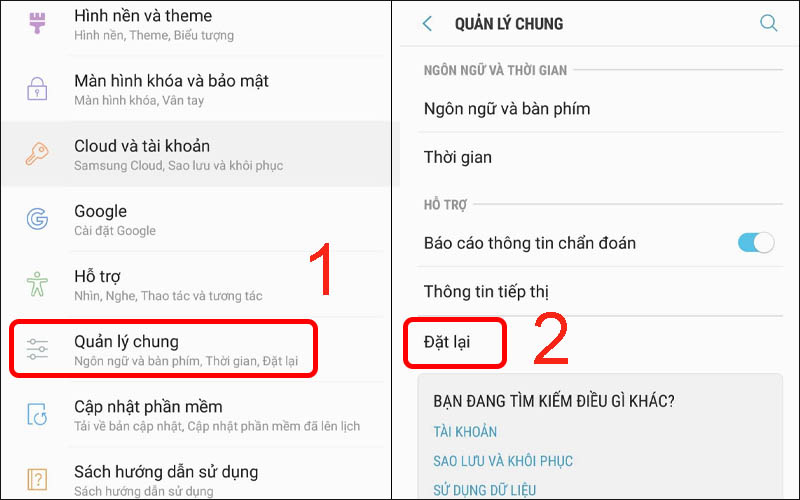  Nhấn v&agrave;o Quản l&yacute; chung rồi chọn Đặt lại