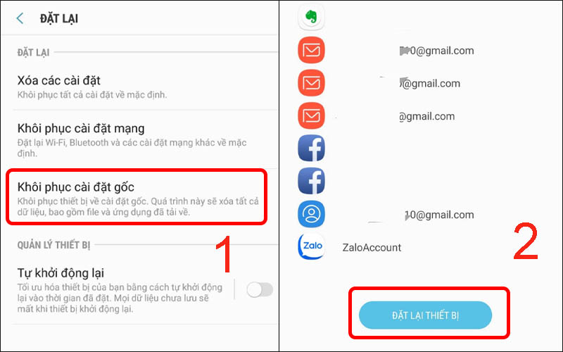 Nhấn v&agrave;o Kh&ocirc;i phục c&agrave;i đặt gốc rồi chọn Đặt lại thiết bị