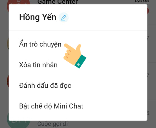 Bước 1: Tại giao diện trò chuyện của Zalo, bạn hãy chọn và bấm giữ 2 giây vào tin nhắn mà bạn muốn ẩn. Sau đó chọn Ẩn trò chuyện.