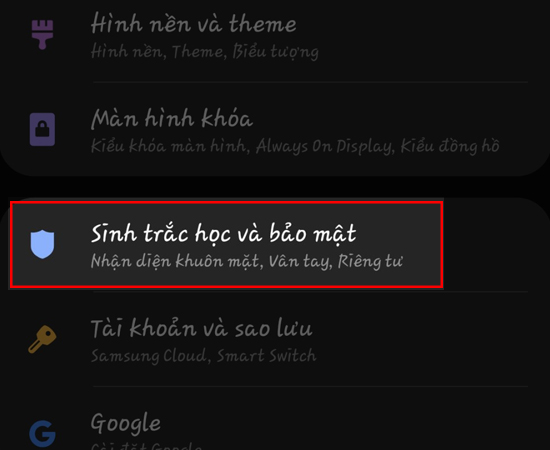 chọn Sinh trắc học và bảo mật