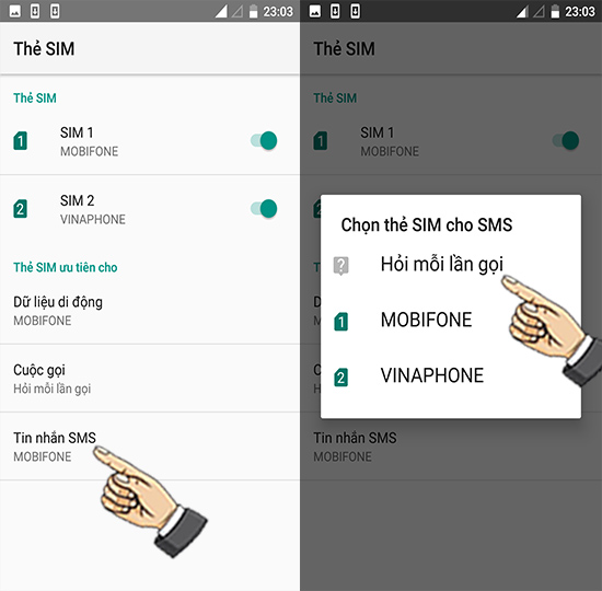 Bước 4: Chọn sim khi nhắn tin.