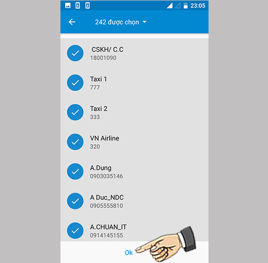 Bước 5: Chọn tất cả danh bạ.