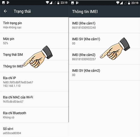 Bước 3: Chọn Trạng thái và chọn Thông tin IMEI để kiểm tra IMEI.