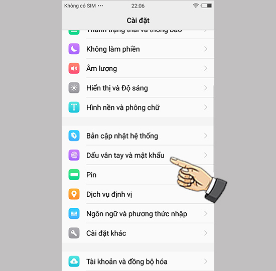 Vào cài đặt chọn dấu vân tay và mật khẩu.