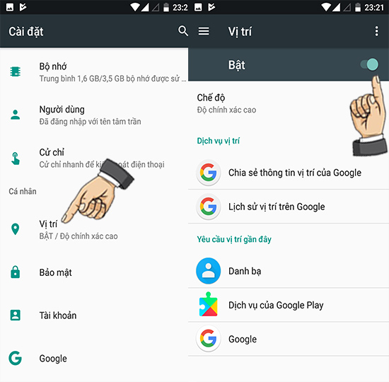 Bước 1: Bật dịch vụ định vị.