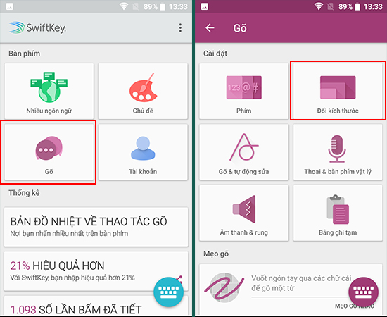 Bước 5: Vào mục Gõ và chọn Đổi kích thước.
